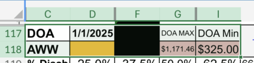 Award calculator spreadsheet cells for date of accident (DOA) and average weekly wage (AWW)