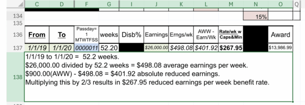 Award calculator rows showing an example reduced earnings calculation with explanation
