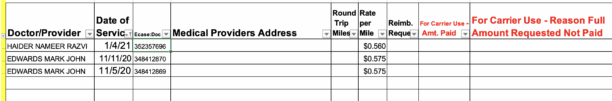 Medical service rows pasted into the Modified C-257 mileage reimbursement spreadsheet