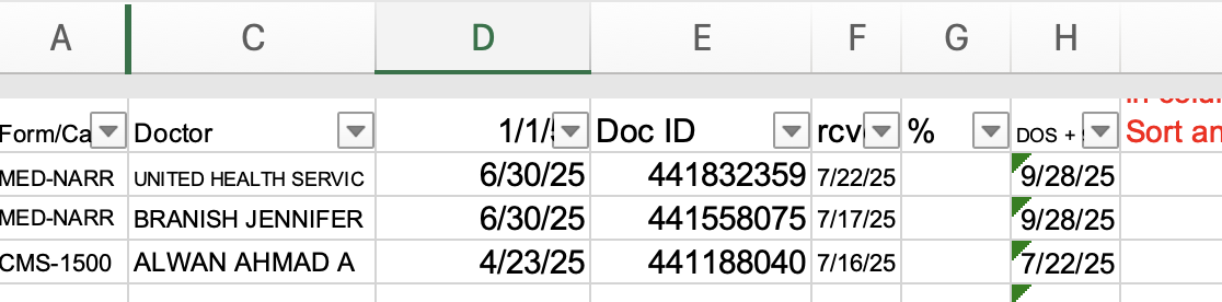 Same Excel spreadsheet with hidden columns E, F, and H revealed, showing Doc ID, received date, and date-of-service plus 90 days